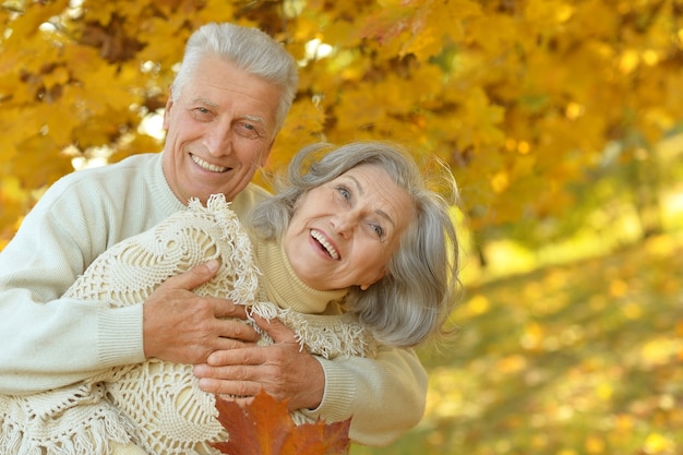 Retrato, de, un, feliz, pareja mayor, en, otoño, parque