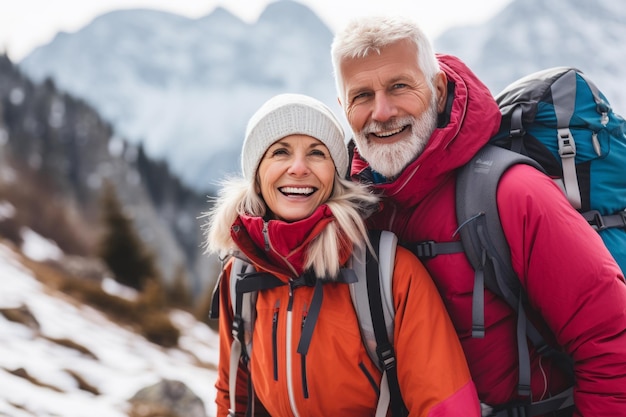 Retrato de una feliz pareja de mayores con mochilas mirando a la cámara en las montañas