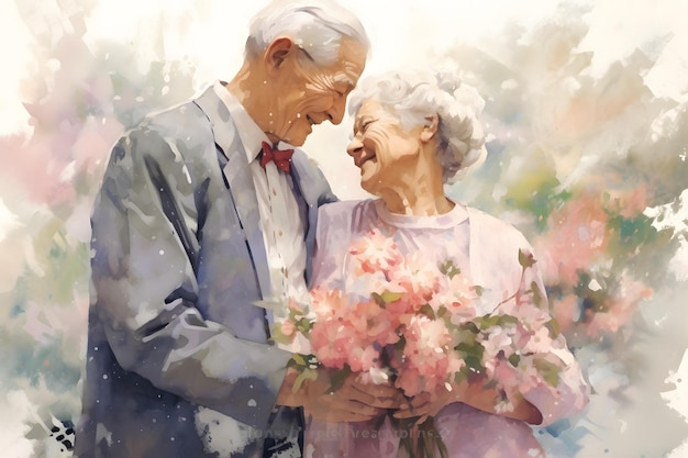 Retrato de una feliz pareja de mayores con un ramo de flores en las manos