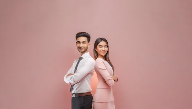 Retrato de una feliz pareja de negocios de pie con los brazos cruzados sobre un fondo rosa