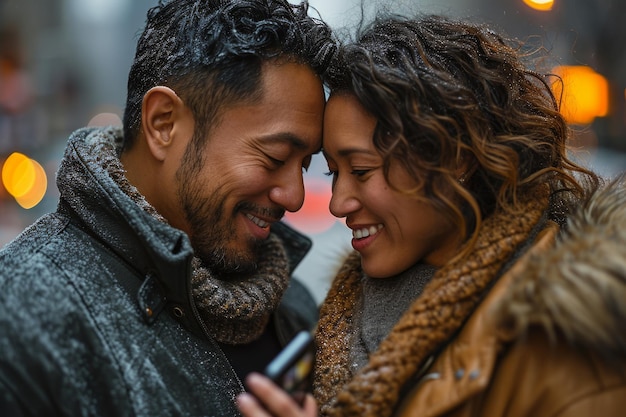 Retrato de una feliz pareja de raza mixta sonriendo y abrazándose en la ciudad por la noche