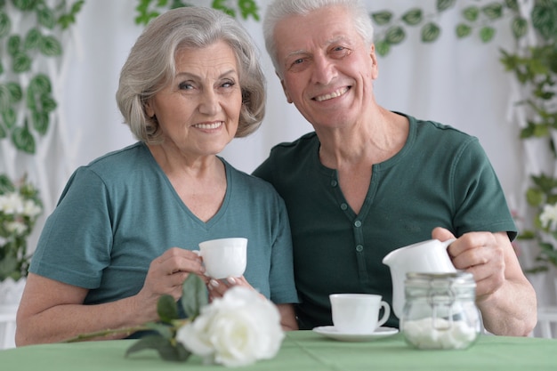 Retrato de una feliz pareja senior bebiendo té