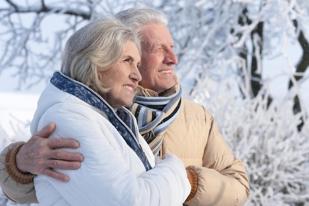 Retrato de feliz pareja senior en invierno al aire libre