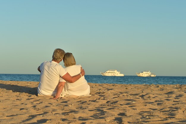 Retrato de una feliz pareja senior linda en el mar