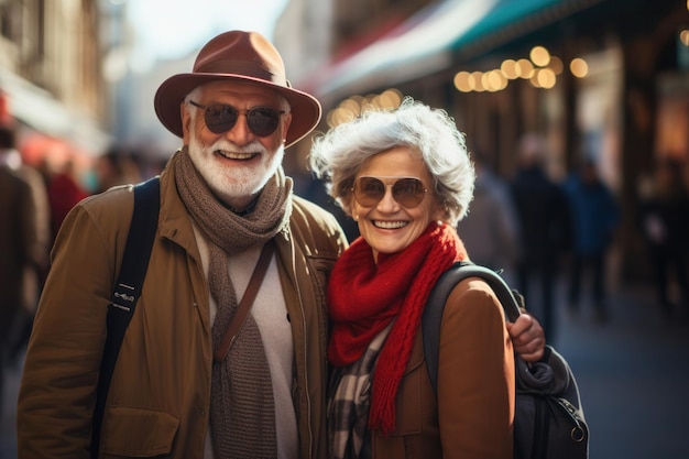 Retrato de una feliz pareja de turistas mayores maduros