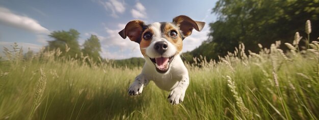 Retrato de feliz perro Jack Russell Terrier saltando flotando en el aire día soleado en el campo AI gererated