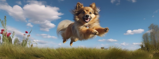 Foto retrato de feliz perro spitz saltando flotando en el aire día soleado en el campo ai gererated