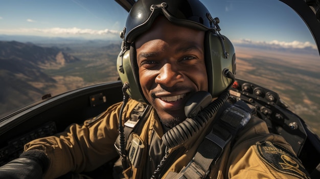 Retrato de un feliz piloto afroamericano sentado en la cabina del avión