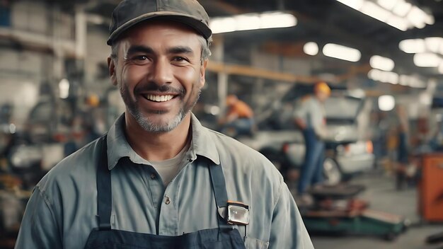 Retrato de un feliz reparador de automóviles mirando a la cámara mientras sus clientes están de pie en la parte de atrás