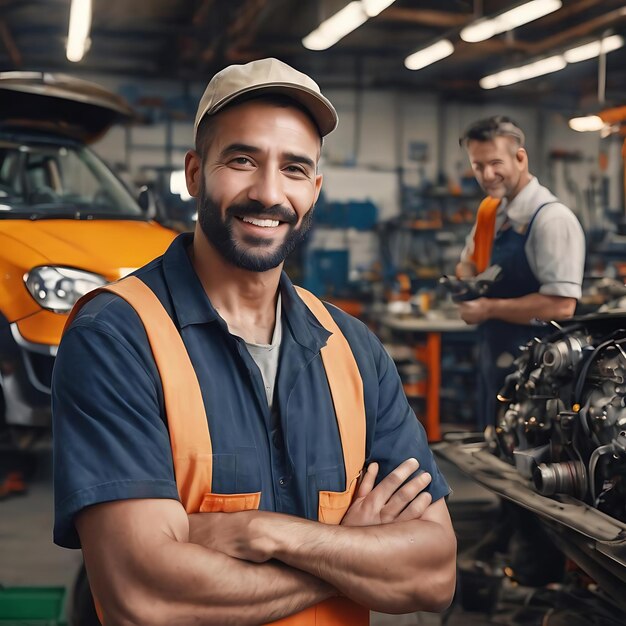 Retrato de un feliz reparador de automóviles mirando a la cámara mientras sus clientes están de pie en la parte de atrás
