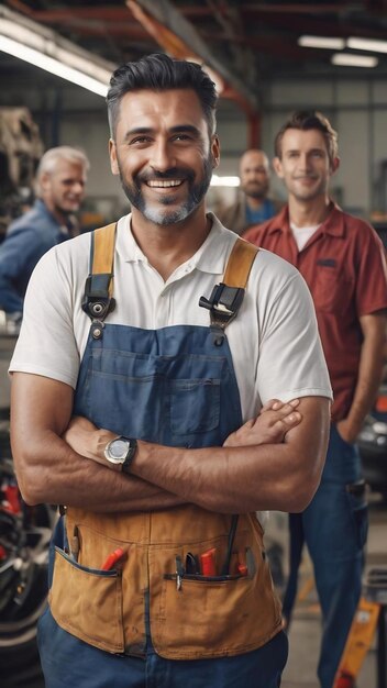 Retrato de un feliz reparador de automóviles mirando a la cámara mientras sus clientes están de pie en la parte trasera