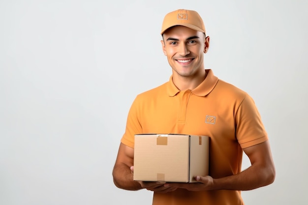 Retrato de un feliz repartidor indio con gorra roja y camiseta sosteniendo una caja de cartón aislada sobre un fondo de estudio beige concepto de servicio de mensajería o paquetería