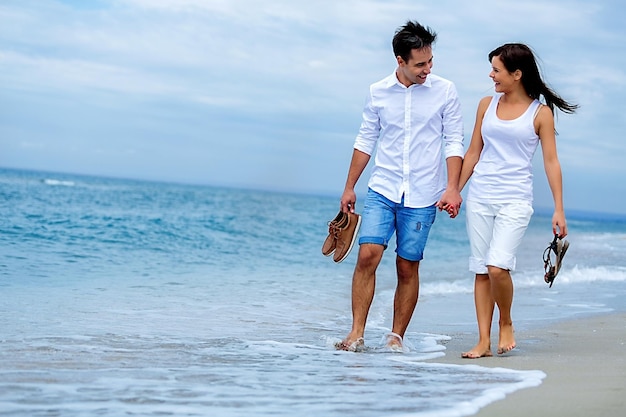 retrato, de, un, feliz, sonriente, pareja, en la playa