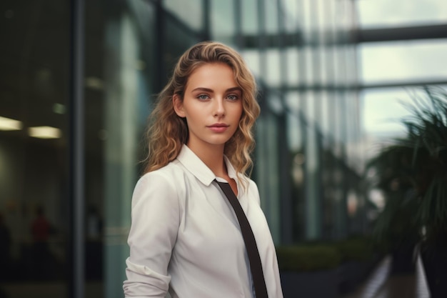 Retrato femenino al aire libre ciudad cerca del moderno edificio de oficinas corporativas de la empresa de marketing rubia