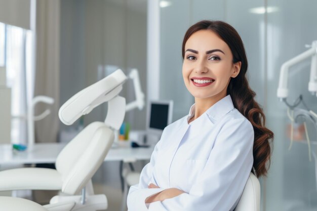 Retrato femenino de un dentista sonriente armenio en el fondo de un consultorio dental