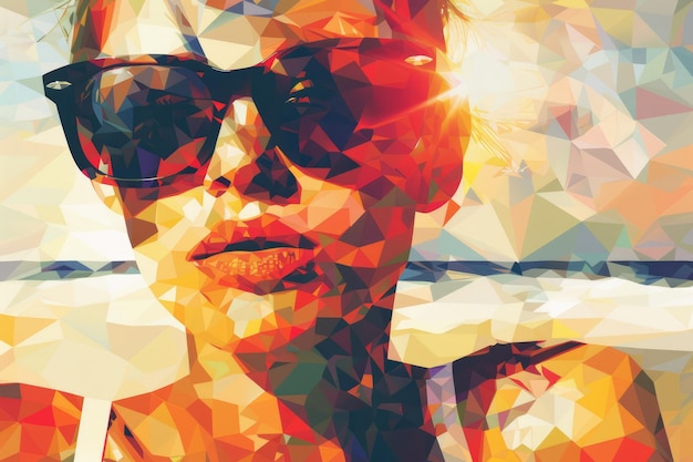 retrato femenino con gafas de sol puesta de sol de verano en la playa ilustración de estilo artístico poligonal