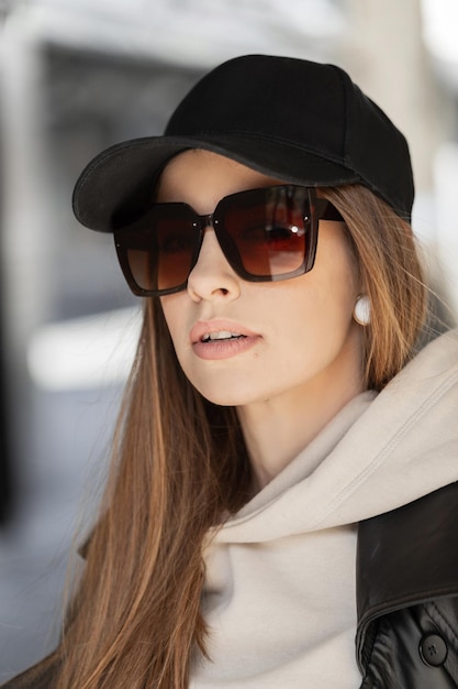 Retrato feminino de moda de rua de um elegante hipster de mulher jovem e bonita com óculos de sol da moda e boné em roupas casuais da moda com capuz andando na cidade