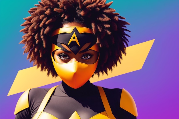 Retrato feminino de super-herói afro-americano de mulher negra com fantasia fantástica e máscara de super-herói IA generativa