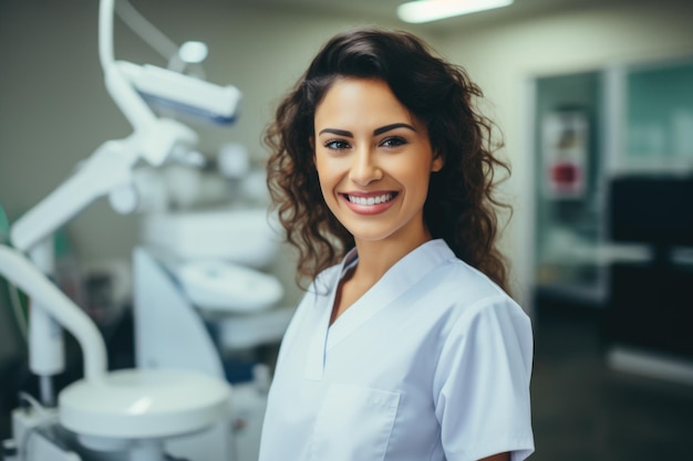 Retrato feminino de uma dentista hispânica sorridente no fundo de um consultório odontológico