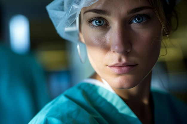 Retrato feminino em close-up de enfermeira de hospital, mulher caucasiana, médica em uniforme, chapéu de proteção de segurança