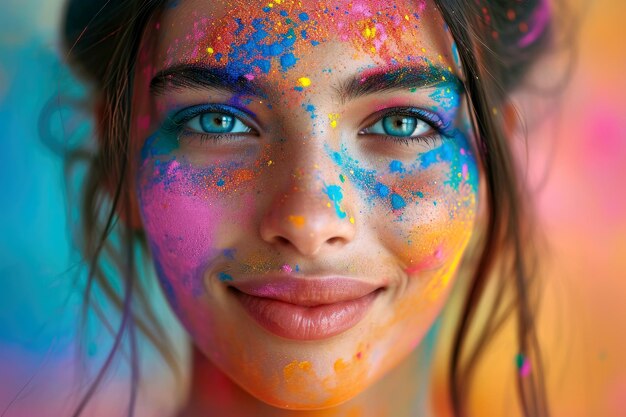 Retrato del festival Holi de una mujer joven en una colorida explosión de polvo IA generativa