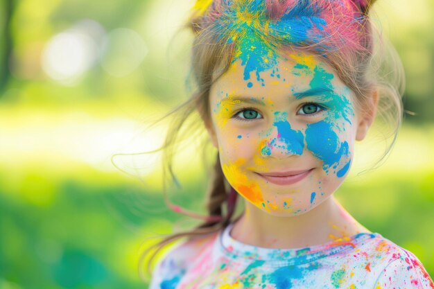 Foto retrato del festival de primavera de holi de un niño alegre jugando