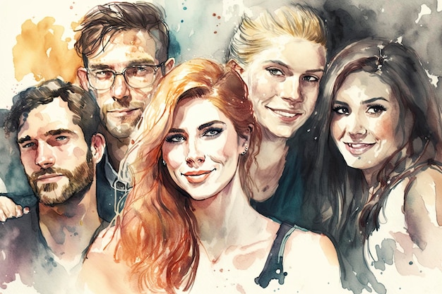 Retrato festivo de grupo em aquarela com amigos