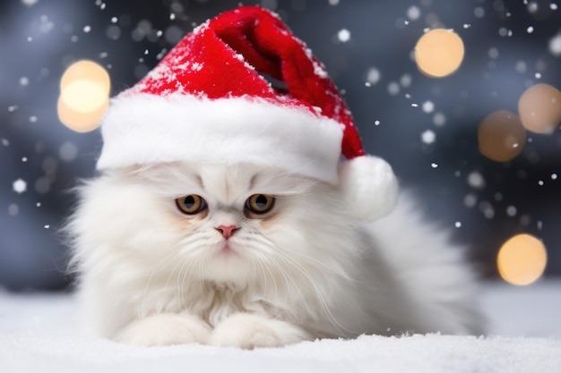 Retrato festivo de un gato blanco juguetón con gorro de Papá Noel generado por IA