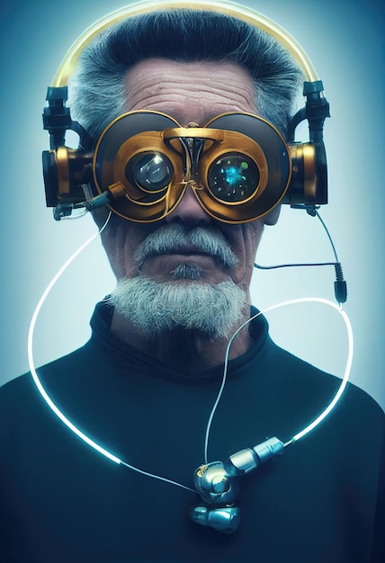 Retrato ficticio de un abuelo en un estilo cyberpunk futurista con auriculares cibernéticos