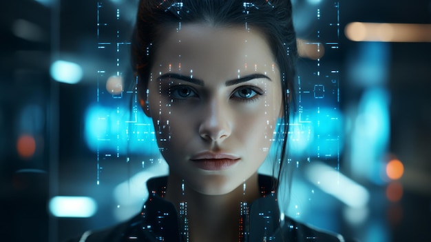 Retrato ficticio de una chica ciberpunk de ciencia ficción Mujer futurista de alta tecnología del futuro El concepto de realidad virtual y renderizado 3D cyberpunk Ilustración 3D Foto de alta calidad