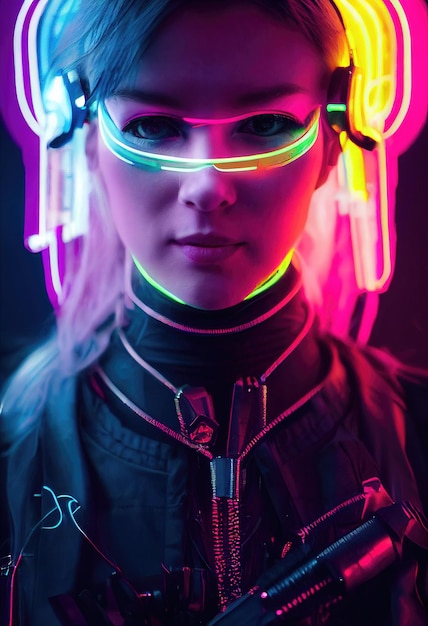 Retrato ficticio de una chica ciberpunk de ciencia ficción Mujer futurista de alta tecnología del futuro