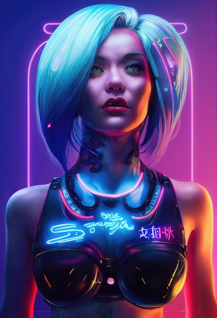 Retrato ficticio de una chica ciberpunk de ciencia ficción Mujer futurista de alta tecnología del futuro