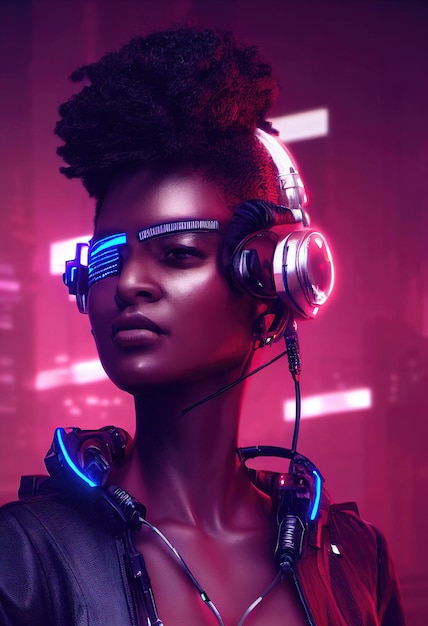 Un retrato ficticio de una chica de ébano con auriculares y equipo cyberpunk