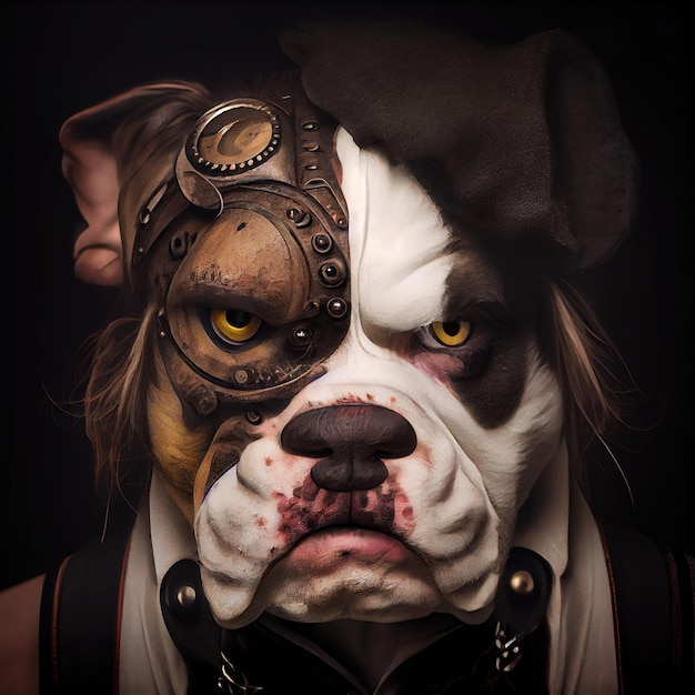Retrato fictício de um homem forte com cabeça de bulldog inglês feito com Generative AI