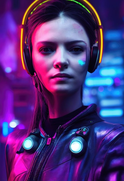 Retrato fictício de uma garota scifi cyberpunk Hightech futurista mulher do futuro