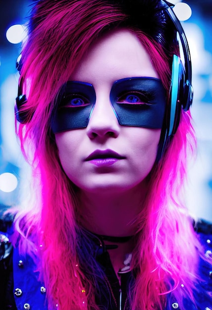 Retrato fictício de uma linda garota punk fictícia com fones de ouvido e cabelo bluepink