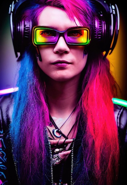 Retrato fictício de uma linda garota punk fictícia com fones de ouvido e cabelos coloridos