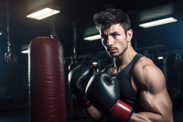 Retrato de fitness y boxeo con un entrenador listo para el desafío en el gimnasio creado con IA generativa