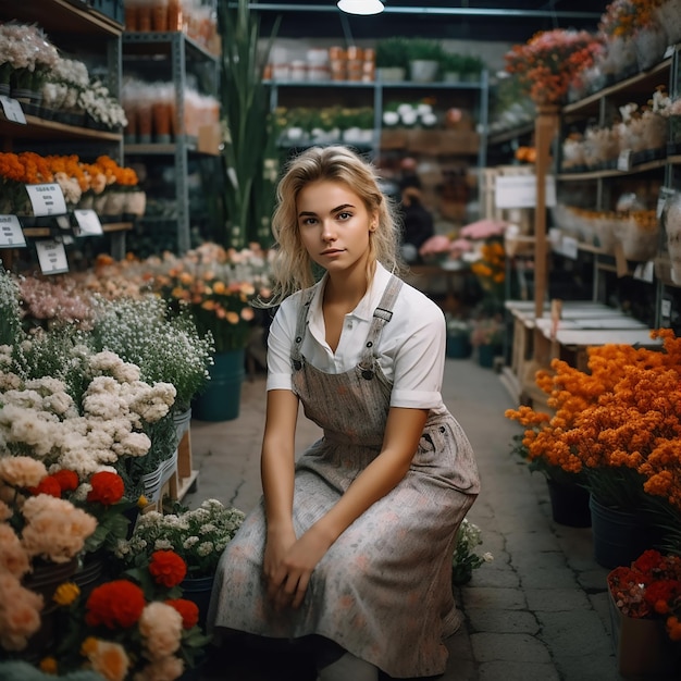 Retrato de una florista femenina en la tienda IA generativa