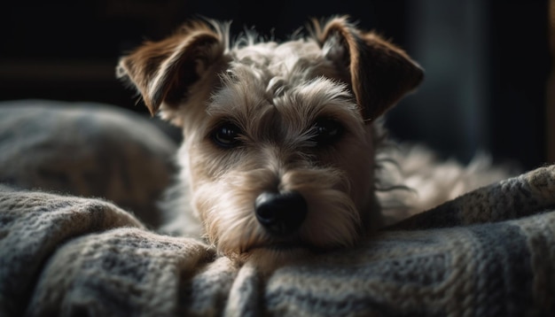 Retrato de Fluffy terrier en interiores de piel de invierno acogedor generado por IA