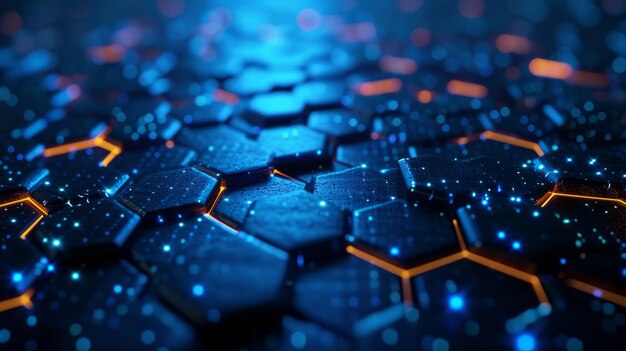 Retrato de fondo macro de patrón hexagonal azul brillante con diseño digital y componentes electrónicos