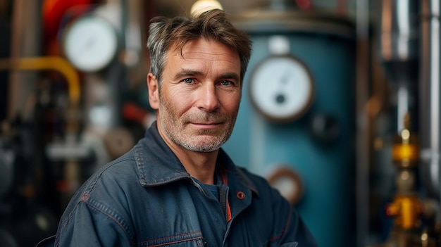 Foto retrato de un fontanero de 45 años de edad en uniforme