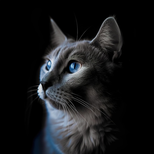 Retrato de una foto de gato de un gato gris con ojos azules en la oscuridad generativa ai