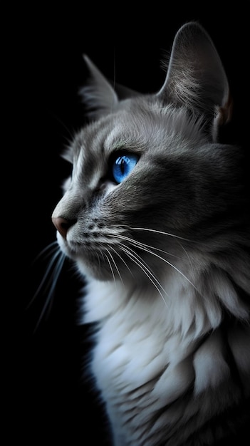 Retrato de una foto de gato de un gato gris con ojos azules en la oscuridad generativa ai