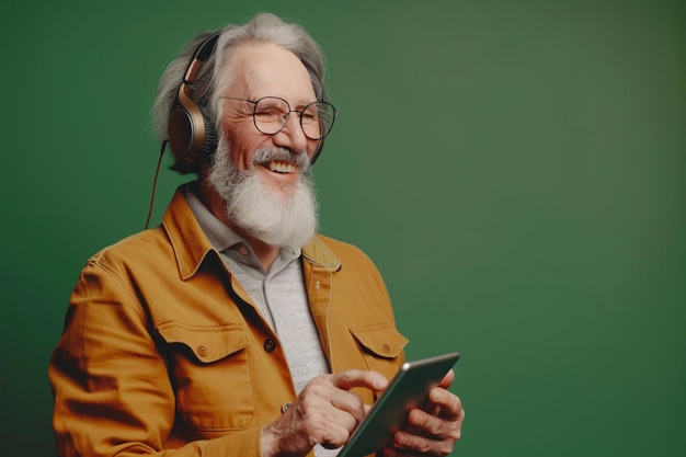 Foto retrato de foto gratuito de una persona alegre y elegante usando una tableta de realidad virtual de teléfono inteligente