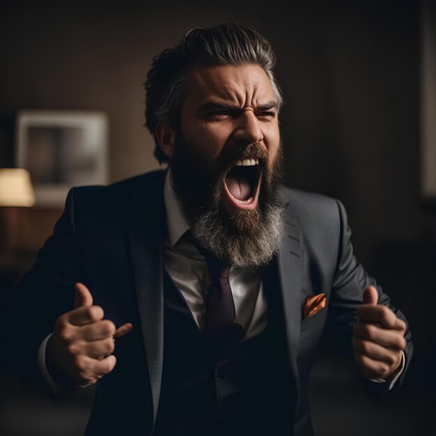 retrato de una foto de un hombre barbudo enojado en traje gritando