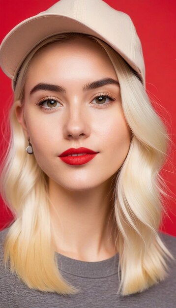 Retrato de foto de moda rubia sonriente joven con sombrero