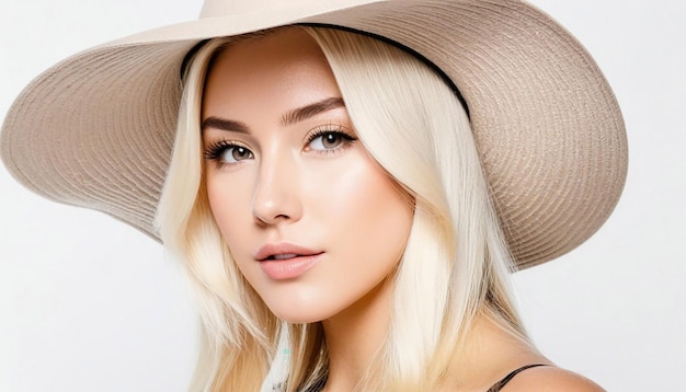 Retrato de foto de moda rubia sonriente joven con sombrero