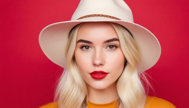 Retrato de foto de moda rubia sonriente joven con sombrero