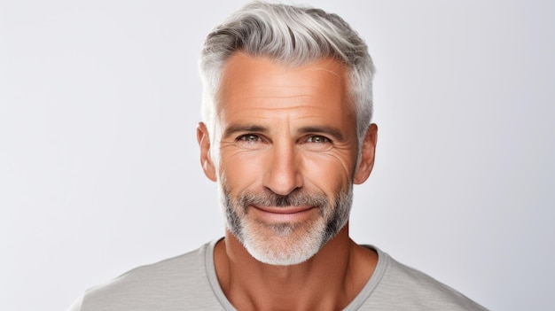 Un retrato de foto en primer plano de un hombre viejo y guapo sonriendo con los dientes limpios para un tipo de anuncio dental